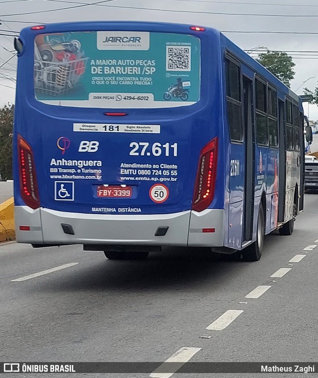 BB Transportes e Turismo 27.611 na cidade de Carapicuíba, São Paulo, Brasil, por Matheus Zaghi. ID da foto: 11502029.