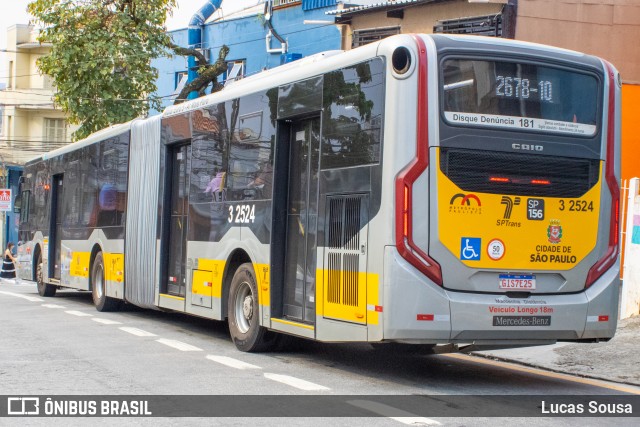 Viação Metrópole Paulista - Zona Leste 3 2524 na cidade de São Paulo, São Paulo, Brasil, por Lucas Sousa. ID da foto: 11570897.