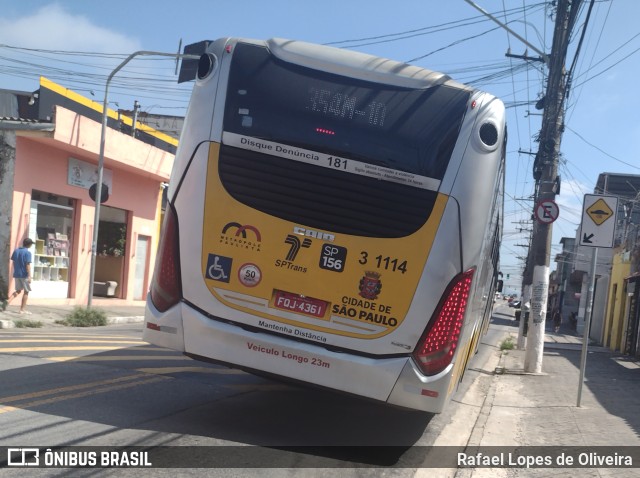 Viação Metrópole Paulista - Zona Leste 3 1114 na cidade de São Paulo, São Paulo, Brasil, por Rafael Lopes de Oliveira. Número da foto: #10861272.