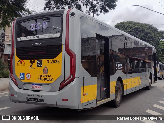 Viação Metrópole Paulista - Zona Leste 3 2635 na cidade de São Paulo, São Paulo, Brasil, por Rafael Lopes de Oliveira. ID da foto: 10855974.