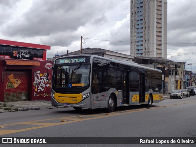 Viação Metrópole Paulista - Zona Leste 3 2645 na cidade de São Paulo, São Paulo, Brasil, por Rafael Lopes de Oliveira. Número da foto: #10855828.