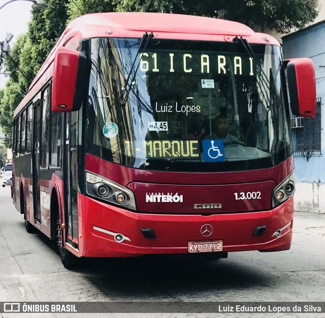 Auto Ônibus Brasília 1.3.002 na cidade de Niterói, Rio de Janeiro, Brasil, por Luiz Eduardo Lopes da Silva. ID da foto: 11038228.