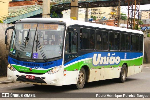 Viação União RJ 204.108 na cidade de Duque de Caxias, Rio de Janeiro, Brasil, por Paulo Henrique Pereira Borges. ID da foto: 11267733.